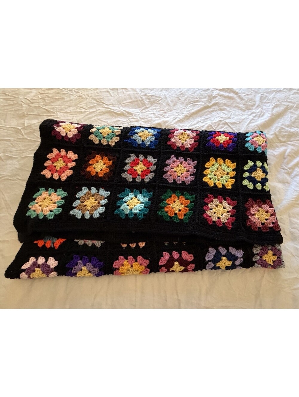 VTG Handmade Granny Square Crochet Blank Afghan XL 70x80 Roseanne Couch Retro